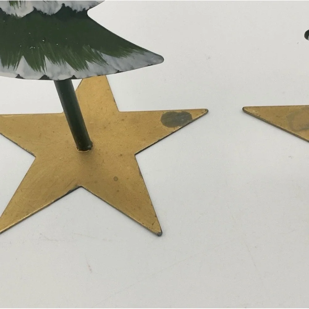 Vintage Metal Christmas Tree Taper Candle Holders‎ Set of 2 Star Base Green Gold